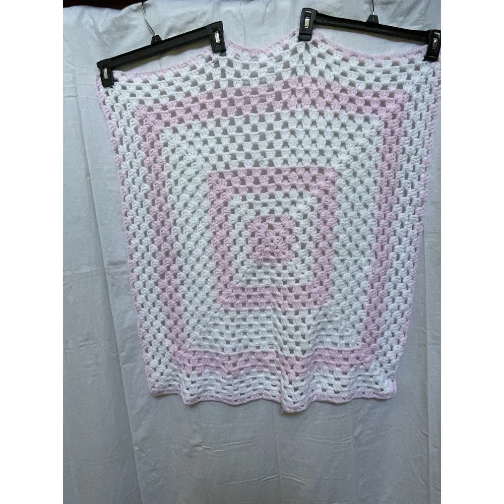 Handmade Pink White Square Afghan Crochet Baby Blanket Lot Of 2